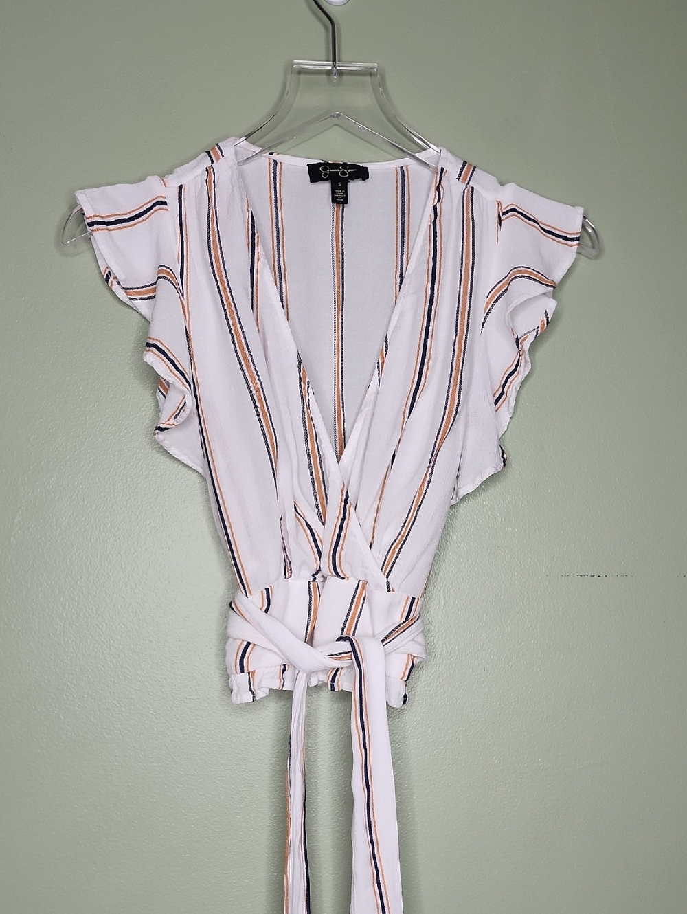 Jessica Simpson White Wrap Top with Navy &‎ Tan Stripes